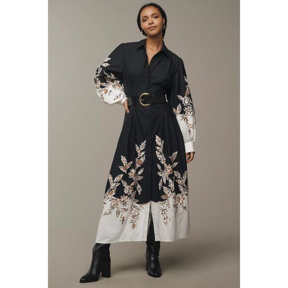 New  Anthropologie Long Sleeve Midi Embellished Shirt Dress Size M - Picture 5 of 11